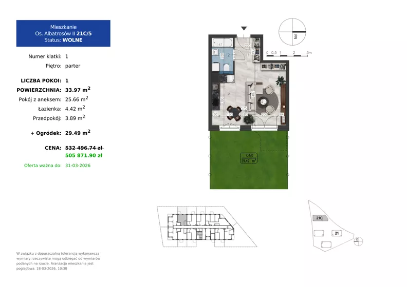 1 pokój, mieszkanie 33,97 m², parter, oferta nr 21C.5, Osiedle Albatrosów II, Kraków, Podgórze, Rybitwy, ul. Albatrosów 21