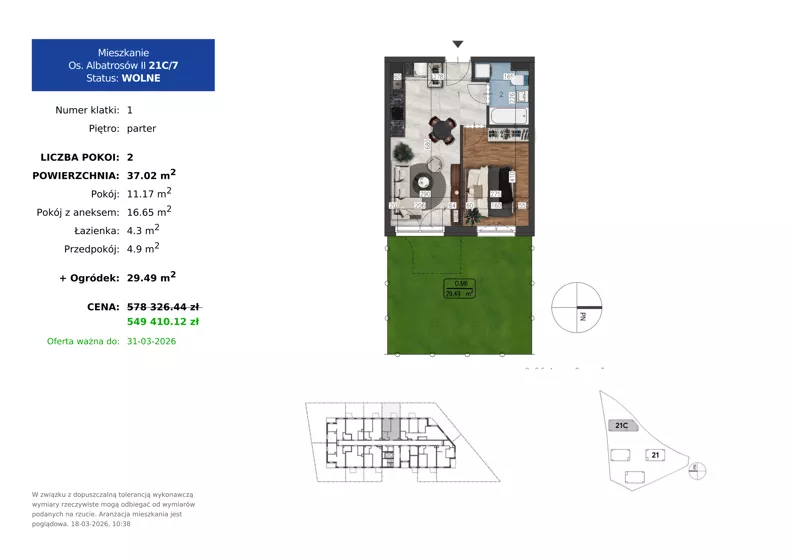 2 pokoje, mieszkanie 37,02 m², parter, oferta nr 21C.7, Osiedle Albatrosów II, Kraków, Podgórze, Rybitwy, ul. Albatrosów 21