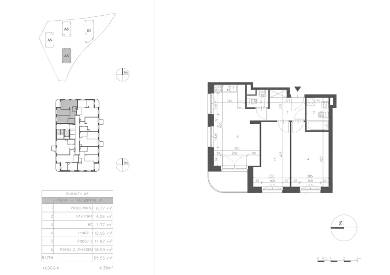 3 pokoje, mieszkanie 55,52 m², piętro 3, oferta nr 21.21, Osiedle Albatrosów II, Kraków, Podgórze, Rybitwy, ul. Albatrosów 21
