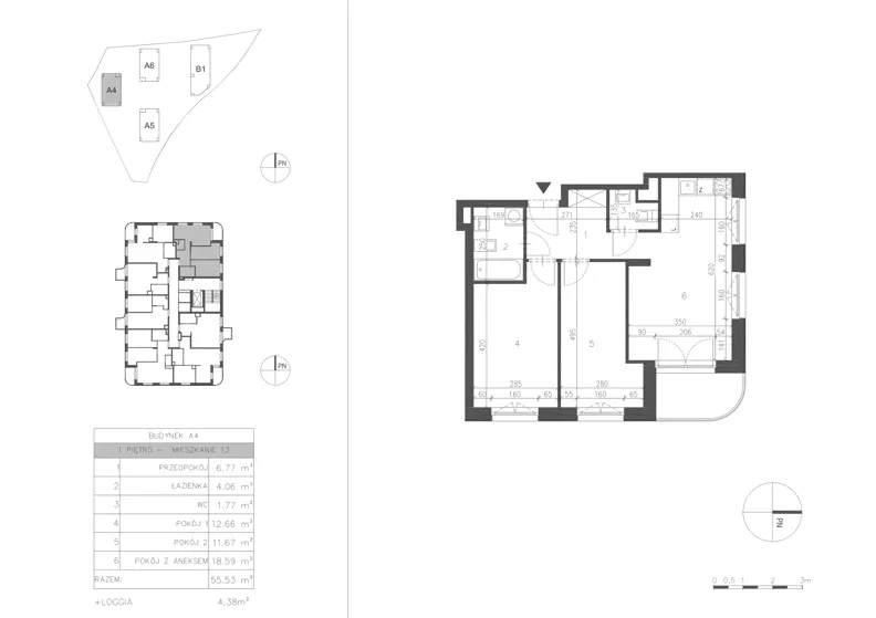 3 pokoje, mieszkanie 55,52 m², piętro 1, oferta nr 21A.13, Osiedle Albatrosów II, Kraków, Podgórze, Rybitwy, ul. Albatrosów 21