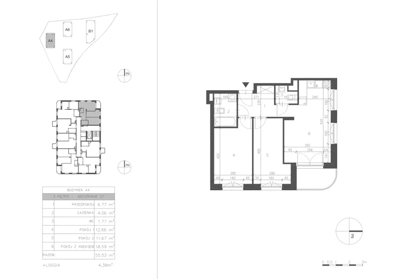 3 pokoje, mieszkanie 55,52 m², piętro 3, oferta nr 21A.27, Osiedle Albatrosów II, Kraków, Podgórze, Rybitwy, ul. Albatrosów  21