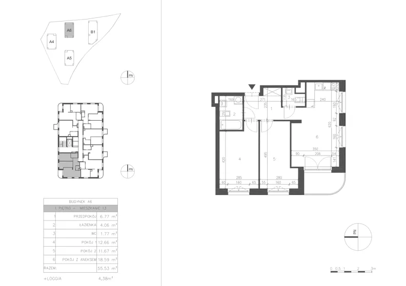 3 pokoje, mieszkanie 55,52 m², piętro 1, oferta nr 21B.13, Osiedle Albatrosów II, Kraków, Podgórze, Rybitwy, ul. Albatrosów 21