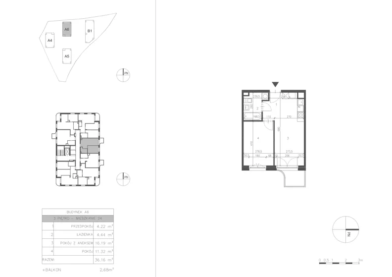 2 pokoje, mieszkanie 36,17 m², piętro 3, oferta nr 21B.24, Osiedle Albatrosów II, Kraków, Podgórze, Rybitwy, ul. Albatrosów  21