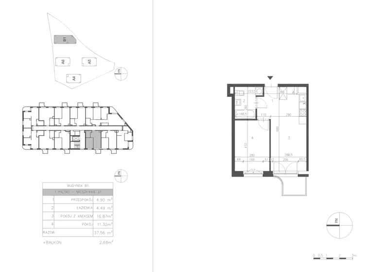 2 pokoje, mieszkanie 37,58 m², piętro 1, oferta nr 21C.21, Osiedle Albatrosów II, Kraków, Podgórze, Rybitwy, ul. Albatrosów  21