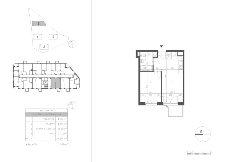 2 pokoje, mieszkanie 37,58 m², piętro 3, oferta nr 21C.43, Osiedle Albatrosów II, Kraków, Podgórze, Rybitwy, ul. Albatrosów 21