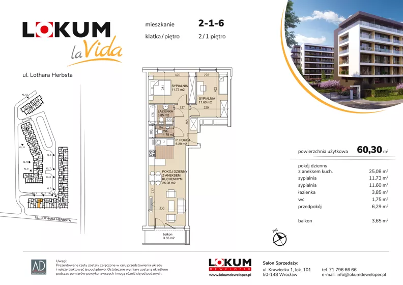3 pokoje, mieszkanie 60,26 m², piętro 1, oferta nr 2-1-6, Lokum la Vida, Wrocław, Sołtysowice, ul. Lothara Herbsta