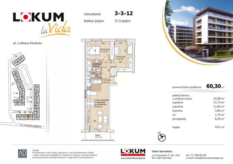 3 pokoje, mieszkanie 60,23 m², piętro 3, oferta nr 3-3-12, Lokum la Vida, Wrocław, Sołtysowice, ul. Lothara Herbsta