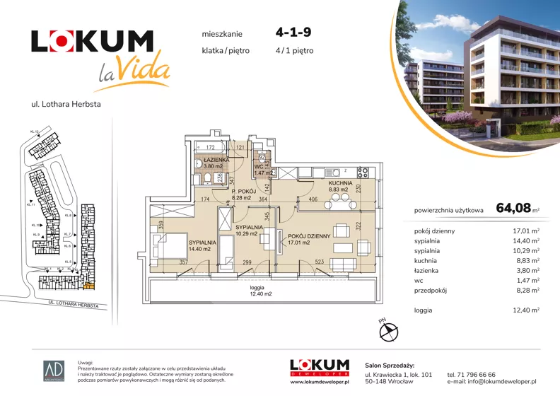 3 pokoje, mieszkanie 64,00 m², piętro 1, oferta nr 4-1-9, Lokum la Vida, Wrocław, Sołtysowice, ul. Lothara Herbsta