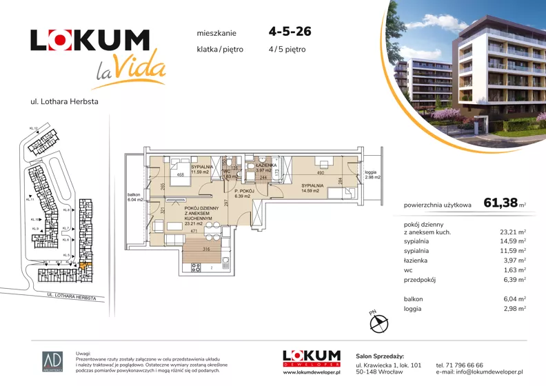 3 pokoje, mieszkanie 61,36 m², piętro 5, oferta nr 4-5-26, Lokum la Vida, Wrocław, Sołtysowice, ul. Lothara Herbsta