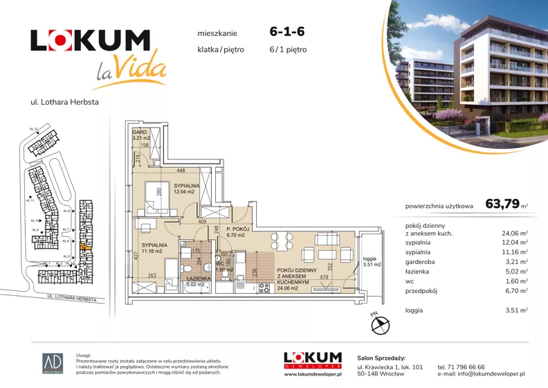3 pokoje, mieszkanie 63,69 m², piętro 1, oferta nr 6-1-6, Lokum la Vida, Wrocław, Sołtysowice, ul. Lothara Herbsta