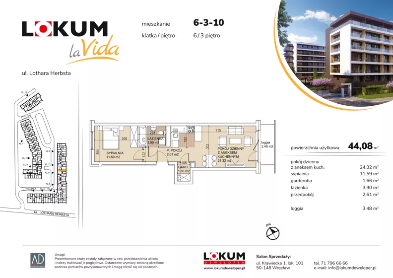 2 pokoje, mieszkanie 43,89 m², piętro 3, oferta nr 6-3-10, Lokum la Vida, Wrocław, Sołtysowice, ul. Lothara Herbsta