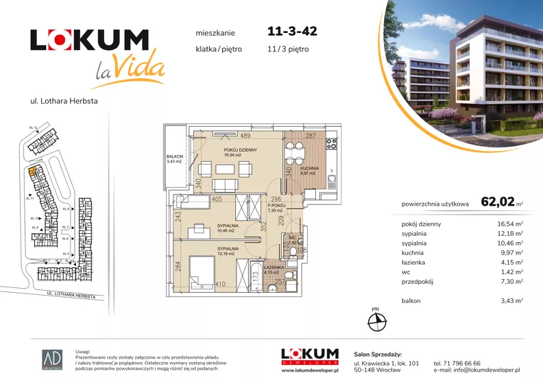 3 pokoje, mieszkanie 62,04 m², piętro 3, oferta nr 11-3-42, Lokum la Vida Etap II, Wrocław, Sołtysowice, ul. Lothara Herbsta