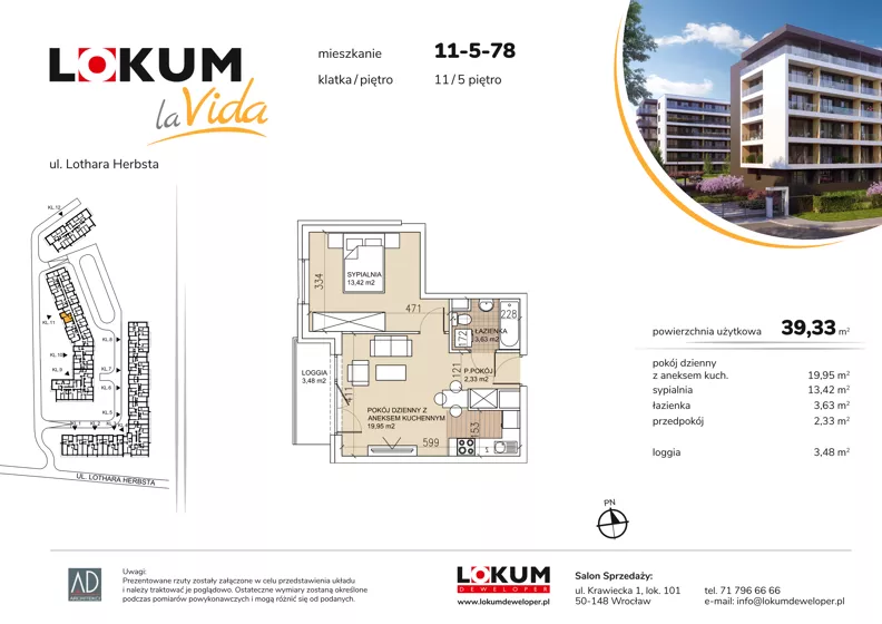 2 pokoje, mieszkanie 39,22 m², piętro 5, oferta nr 11-5-78, Lokum la Vida Etap II, Wrocław, Sołtysowice, ul. Lothara Herbsta