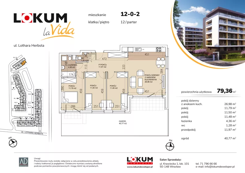 4 pokoje, mieszkanie 79,17 m², parter, oferta nr 12-0-2, Lokum la Vida Etap II, Wrocław, Sołtysowice, ul. Lothara Herbsta
