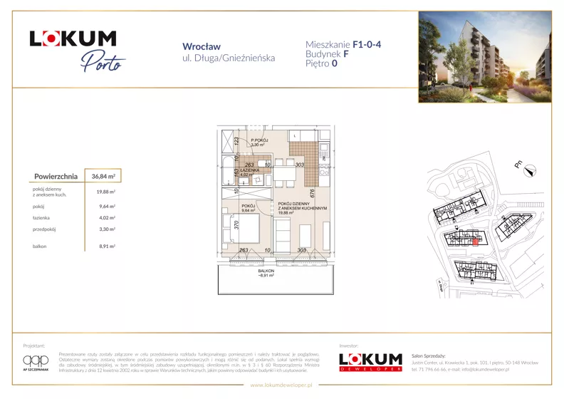 2 pokoje, mieszkanie 36,88 m², parter, oferta nr F1-0-4, Lokum Porto Etap VI, Wrocław, Szczepin, ul. Długa/Gnieźnieńska