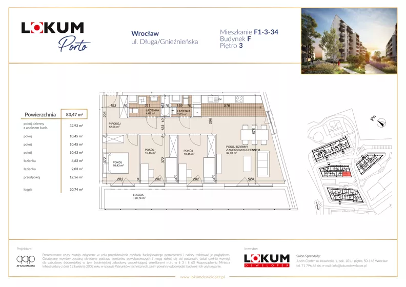 4 pokoje, mieszkanie 83,46 m², piętro 3, oferta nr F1-3-34, Lokum Porto Etap VI, Wrocław, Szczepin, ul. Długa/Gnieźnieńska