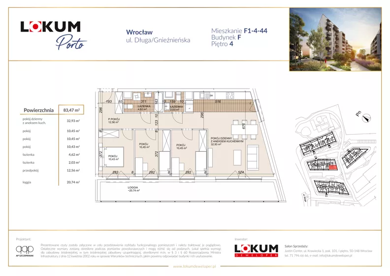 4 pokoje, mieszkanie 83,39 m², piętro 4, oferta nr F1-4-44, Lokum Porto Etap VI, Wrocław, Szczepin, ul. Długa/Gnieźnieńska