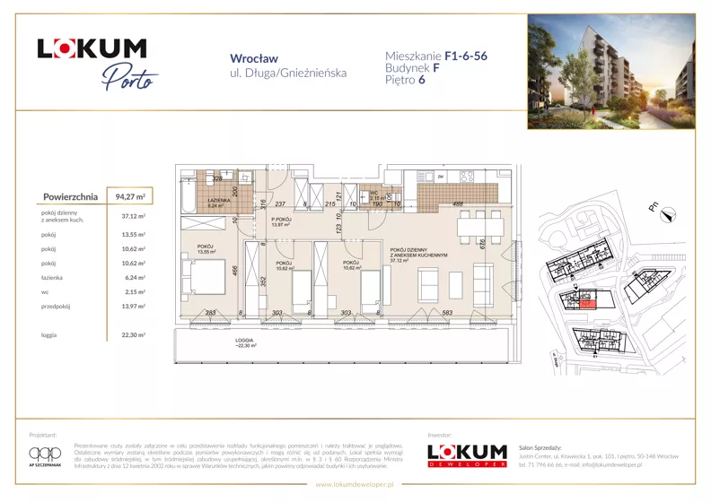 4 pokoje, mieszkanie 94,27 m², piętro 6, oferta nr F1-6-56, Lokum Porto Etap VI, Wrocław, Szczepin, ul. Długa/Gnieźnieńska