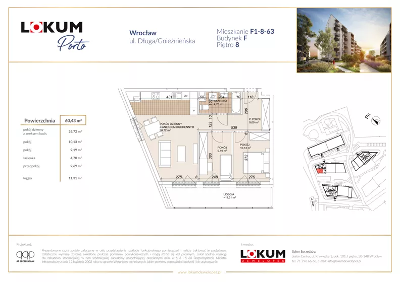 3 pokoje, mieszkanie 60,57 m², piętro 8, oferta nr F1-8-63, Lokum Porto Etap VI, Wrocław, Szczepin, ul. Długa/Gnieźnieńska