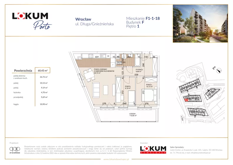 3 pokoje, mieszkanie 60,39 m², piętro 1, oferta nr F1-1-18, Lokum Porto Etap VI, Wrocław, Szczepin, ul. Długa/Gnieźnieńska