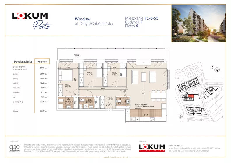 4 pokoje, mieszkanie 99,88 m², piętro 6, oferta nr F1-6-55, Lokum Porto Etap VI, Wrocław, Szczepin, ul. Długa/Gnieźnieńska