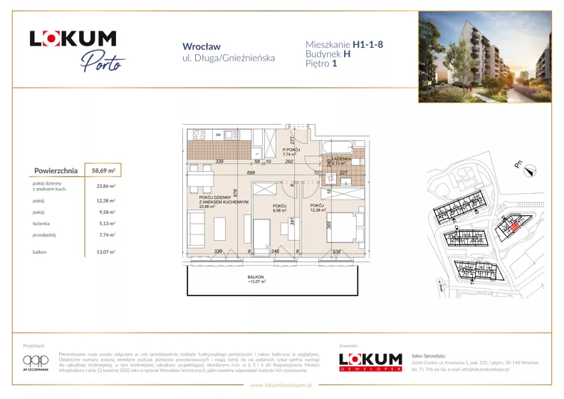3 pokoje, mieszkanie 58,68 m², piętro 1, oferta nr H1-1-8, Lokum Porto Etap VI, Wrocław, Szczepin, ul. Długa/Gnieźnieńska
