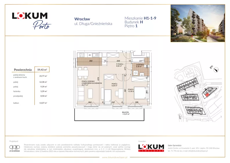 3 pokoje, mieszkanie 59,42 m², piętro 1, oferta nr H1-1-9, Lokum Porto Etap VI, Wrocław, Szczepin, ul. Długa/Gnieźnieńska
