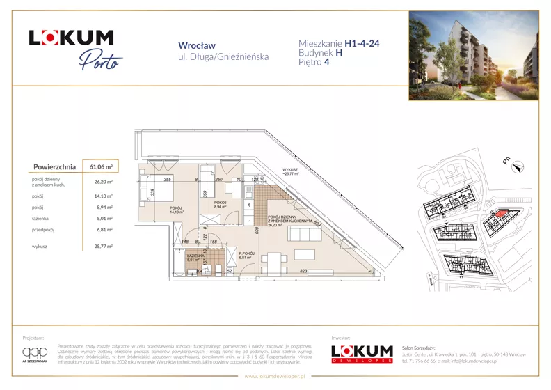 3 pokoje, mieszkanie 61,04 m², piętro 4, oferta nr H1-4-24, Lokum Porto Etap VI, Wrocław, Szczepin, ul. Długa/Gnieźnieńska