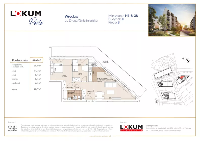 3 pokoje, mieszkanie 61,13 m², piętro 8, oferta nr H1-8-38, Lokum Porto Etap VI, Wrocław, Szczepin, ul. Długa/Gnieźnieńska