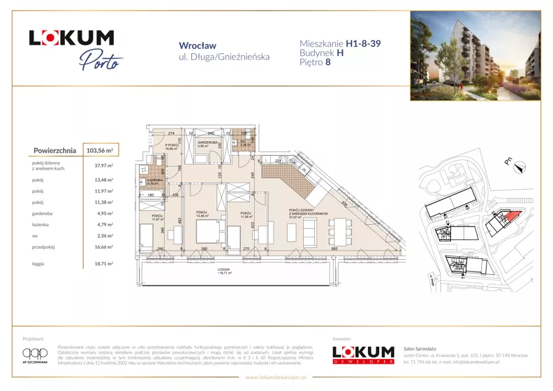4 pokoje, mieszkanie 103,70 m², piętro 8, oferta nr H1-8-39, Lokum Porto Etap VI, Wrocław, Szczepin, ul. Długa/Gnieźnieńska