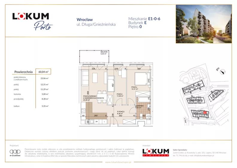 3 pokoje, mieszkanie 60,04 m², parter, oferta nr E1-0-6, Lokum Porto Etap VI, Wrocław, Szczepin, ul. Długa/Gnieźnieńska