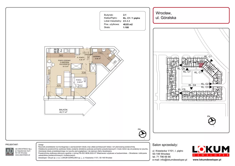 2 pokoje, mieszkanie 40,83 m², piętro 1, oferta nr C1-1-1, Lokum Soho, Wrocław, Stare Miasto, ul. Góralska