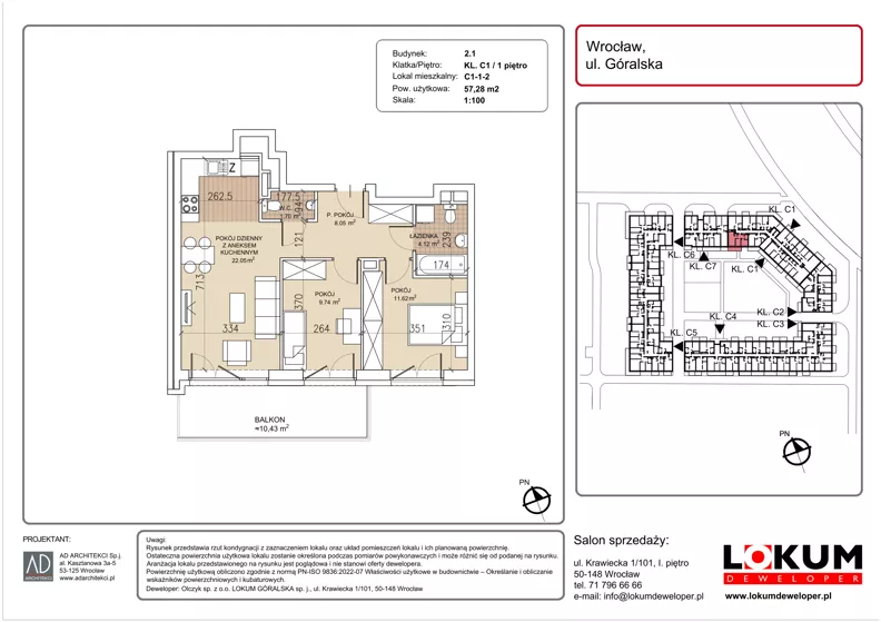 3 pokoje, mieszkanie 57,28 m², piętro 1, oferta nr C1-1-2, Lokum Soho, Wrocław, Stare Miasto, ul. Góralska