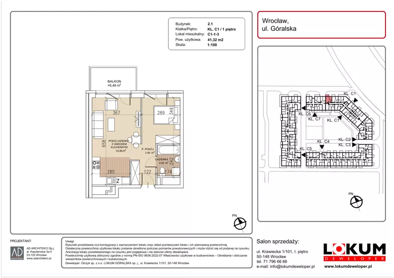 1 pokój, mieszkanie 41,32 m², piętro 1, oferta nr C1-1-3, Lokum Soho, Wrocław, Stare Miasto, ul. Góralska