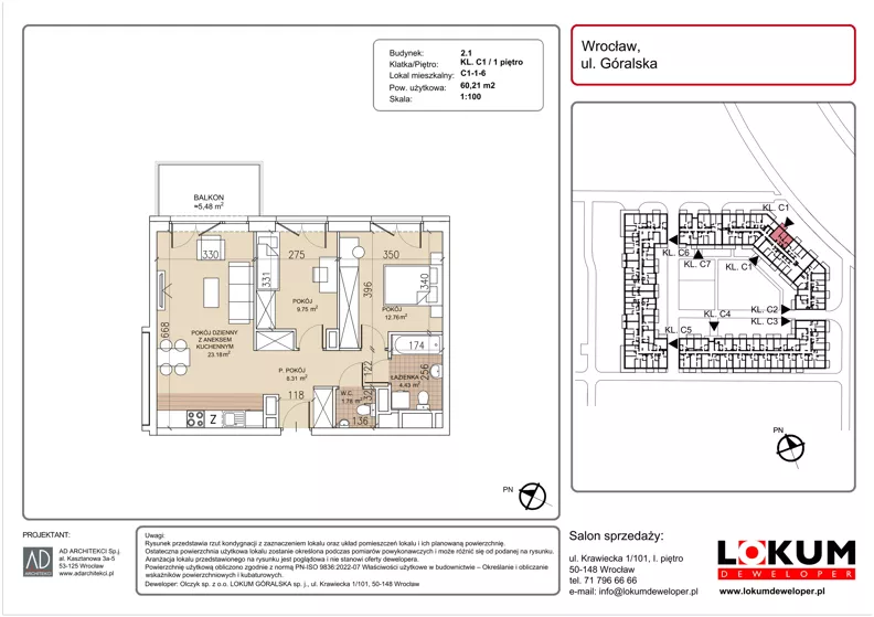3 pokoje, mieszkanie 60,21 m², piętro 1, oferta nr C1-1-6, Lokum Soho, Wrocław, Stare Miasto, ul. Góralska