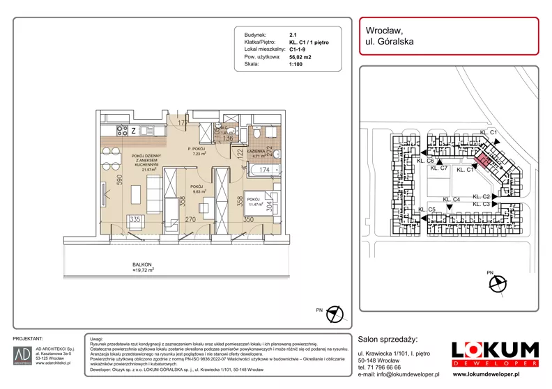 3 pokoje, mieszkanie 56,02 m², piętro 1, oferta nr C1-1-9, Lokum Soho, Wrocław, Stare Miasto, ul. Góralska