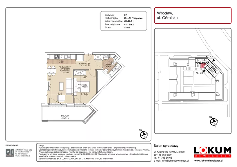 2 pokoje, mieszkanie 41,12 m², piętro 10, oferta nr C1-10-81, Lokum Soho, Wrocław, Stare Miasto, ul. Góralska