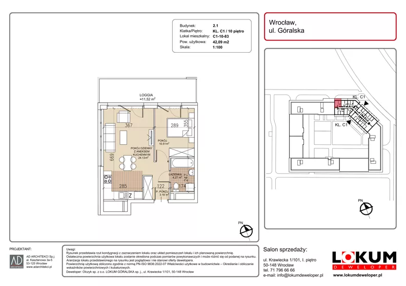 2 pokoje, mieszkanie 42,09 m², piętro 10, oferta nr C1-10-83, Lokum Soho, Wrocław, Stare Miasto, ul. Góralska
