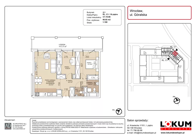 3 pokoje, mieszkanie 60,92 m², piętro 10, oferta nr C1-10-86, Lokum Soho, Wrocław, Stare Miasto, ul. Góralska