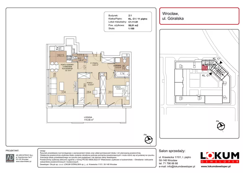 3 pokoje, mieszkanie 58,01 m², piętro 11, oferta nr C1-11-91, Lokum Soho, Wrocław, Stare Miasto, ul. Góralska
