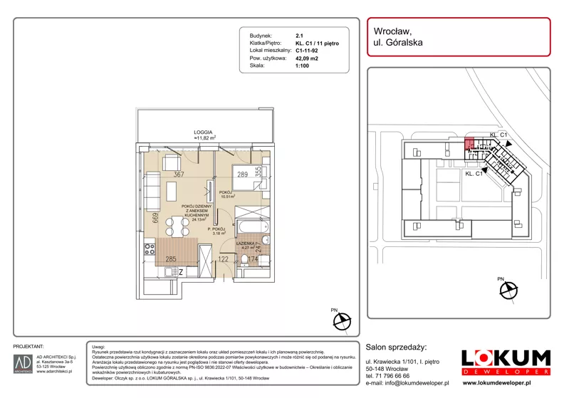 2 pokoje, mieszkanie 42,09 m², piętro 11, oferta nr C1-11-92, Lokum Soho, Wrocław, Stare Miasto, ul. Góralska