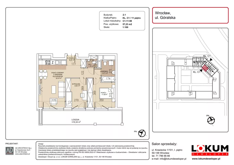 3 pokoje, mieszkanie 57,23 m², piętro 11, oferta nr C1-11-98, Lokum Soho, Wrocław, Stare Miasto, ul. Góralska