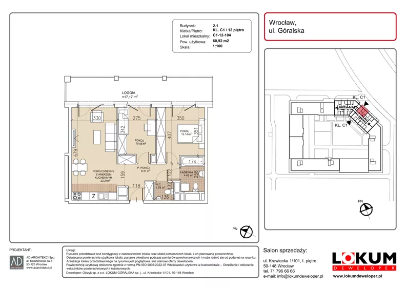 3 pokoje, mieszkanie 60,92 m², piętro 12, oferta nr C1-12-104, Lokum Soho, Wrocław, Stare Miasto, ul. Góralska