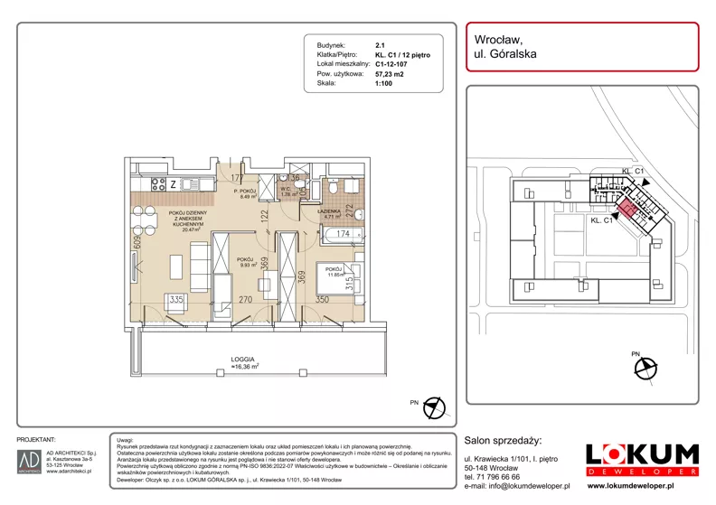 3 pokoje, mieszkanie 57,23 m², piętro 12, oferta nr C1-12-107, Lokum Soho, Wrocław, Stare Miasto, ul. Góralska