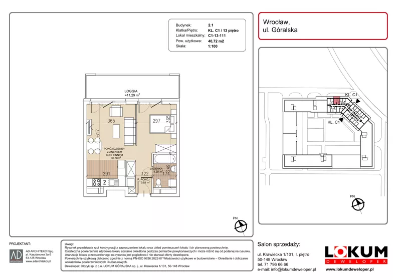 1 pokój, mieszkanie 40,72 m², piętro 13, oferta nr C1-13-111, Lokum Soho, Wrocław, Stare Miasto, ul. Góralska