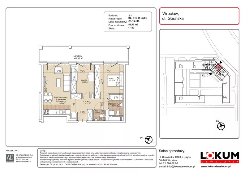 3 pokoje, mieszkanie 58,49 m², piętro 13, oferta nr C1-13-113, Lokum Soho, Wrocław, Stare Miasto, ul. Góralska