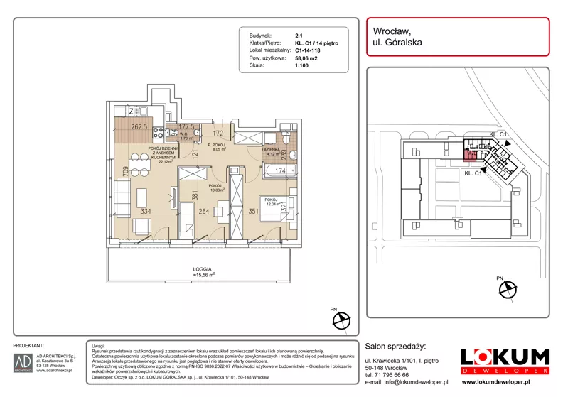 3 pokoje, mieszkanie 58,06 m², piętro 14, oferta nr C1-14-118, Lokum Soho, Wrocław, Stare Miasto, ul. Góralska