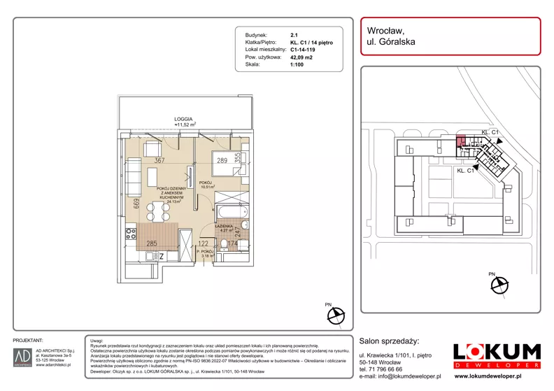 2 pokoje, mieszkanie 42,09 m², piętro 14, oferta nr C1-14-119, Lokum Soho, Wrocław, Stare Miasto, ul. Góralska