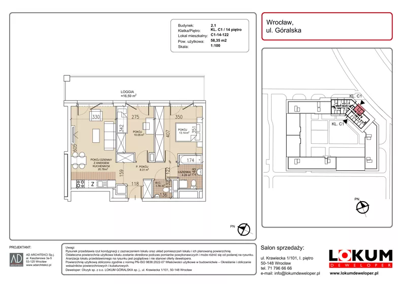 3 pokoje, mieszkanie 58,35 m², piętro 14, oferta nr C1-14-122, Lokum Soho, Wrocław, Stare Miasto, ul. Góralska