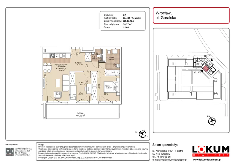 3 pokoje, mieszkanie 58,27 m², piętro 14, oferta nr C1-14-124, Lokum Soho, Wrocław, Stare Miasto, ul. Góralska